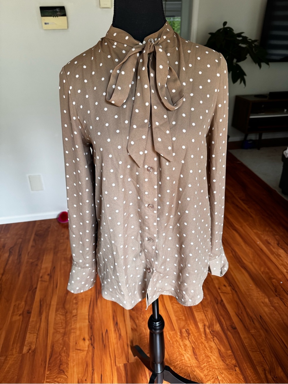Suzy Shier Brown Polka Dot Tie-Neck Blouse